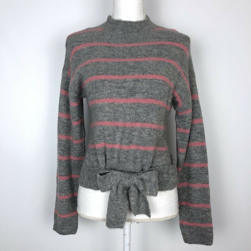 NWT WAYF Mock Neck Tie Waist Wool Blend Sweater Gray Pink Stripe Stretch - Picture 1 of 5